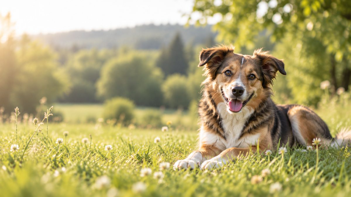 Hund liegt entspannt im Gras