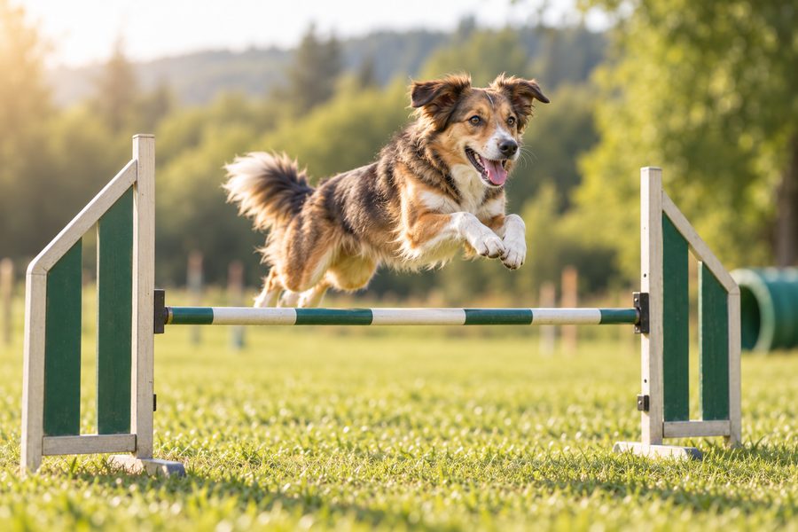 Hund springt über eine Agility-Hürde