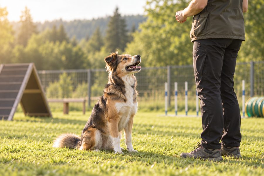 Hund sitzt aufmerksam vor seinem Menschen auf dem Trainingsplatz