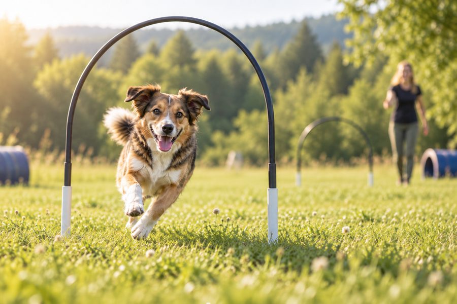Hund läuft durch einen Hoopers-Bogen