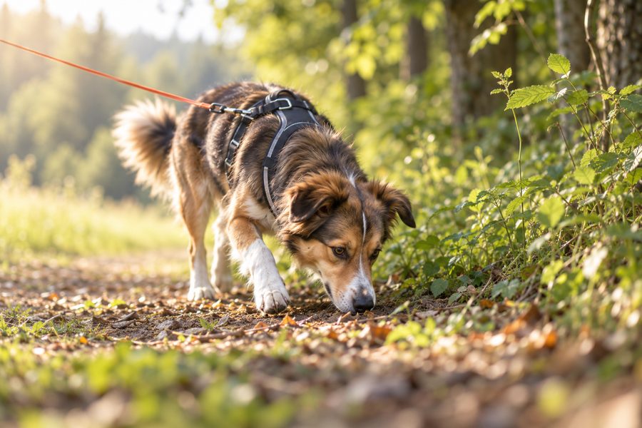 Hund mit Geschirr nimmt am Waldrand eine Spur auf