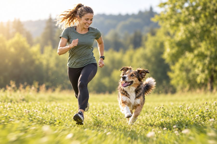 Mensch und Hund laufen gemeinsam über die Wiese
